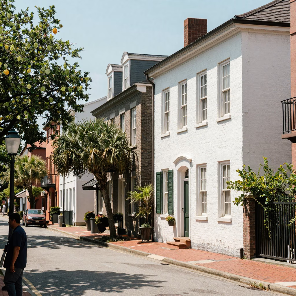 Vintage Charleston South Carolina Midday Street Scene with Historic Architecture and Local Life in in Charleston, South Carolina, United States