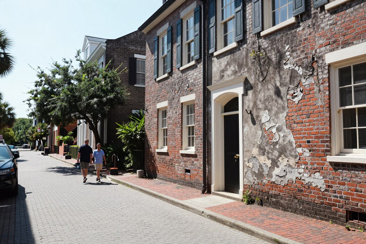 Vintage Charleston South Carolina Street Scene Under Flat Noon Sunlight in in Charleston, South Carolina, United States