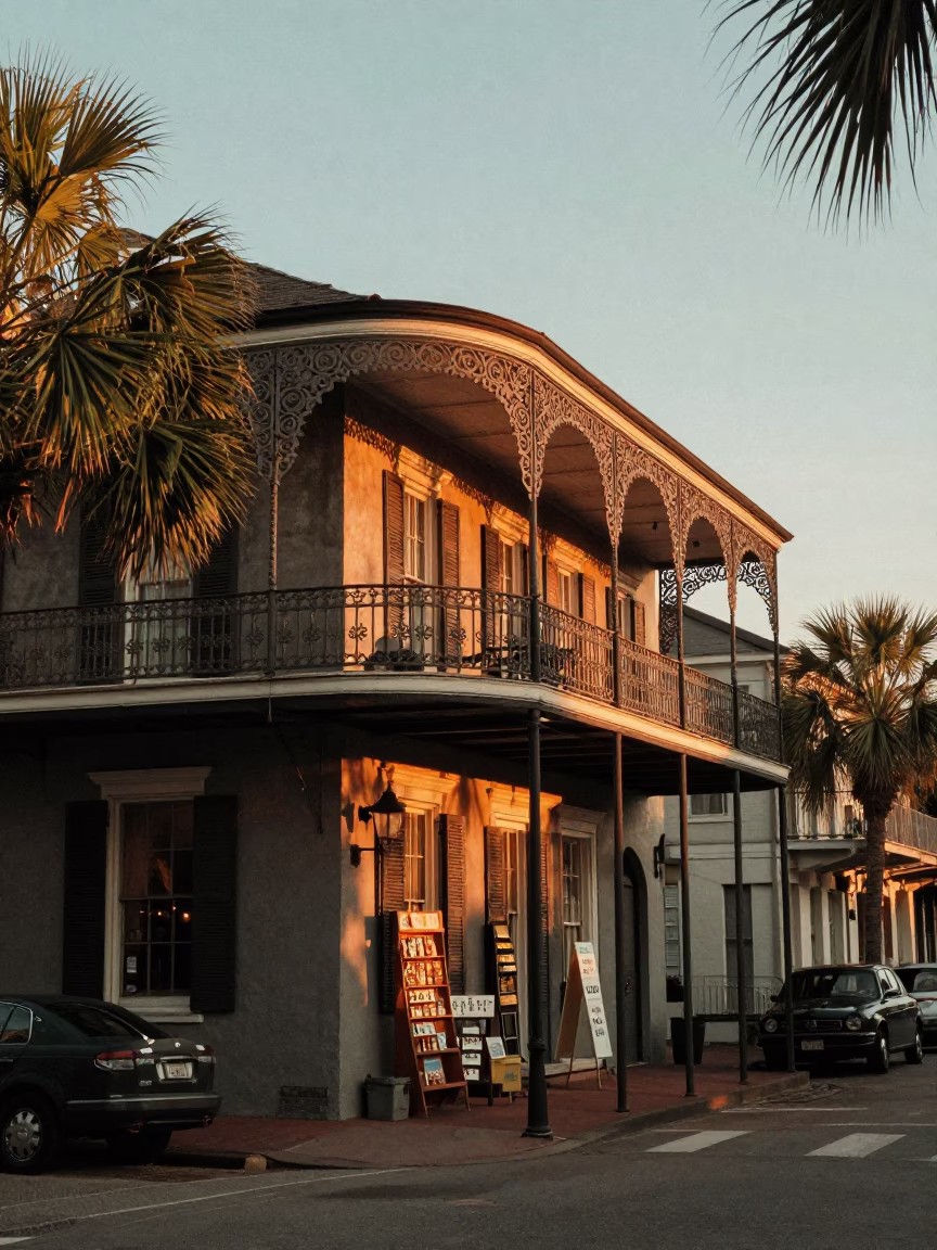 Vintage Charleston South Carolina Sunset Street Scene with Local Shop Display in in Charleston, South Carolina, United States