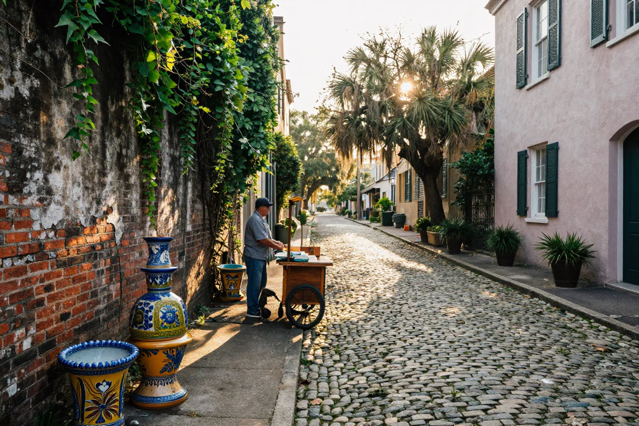 Vintage Charleston Street Scene After Sunrise with Colorful Majolica Plate in in Charleston, South Carolina, United States