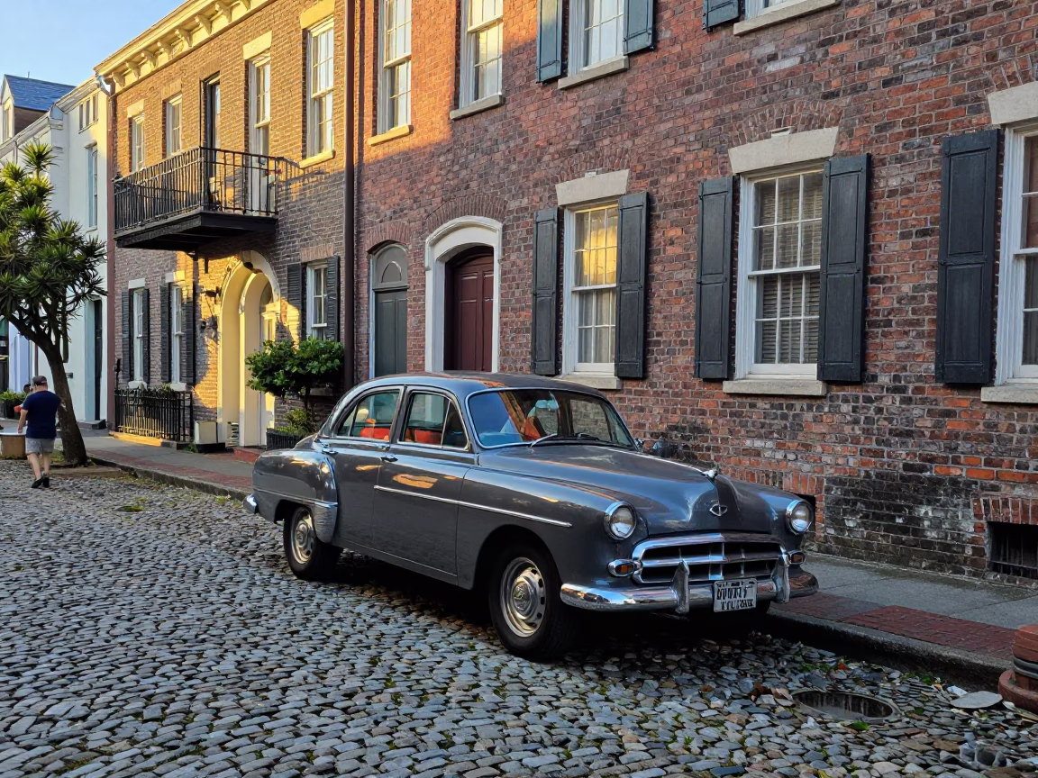 Vintage Charleston Street Scene Late Afternoon Light Historic District Cobblestones in in Charleston, South Carolina, United States