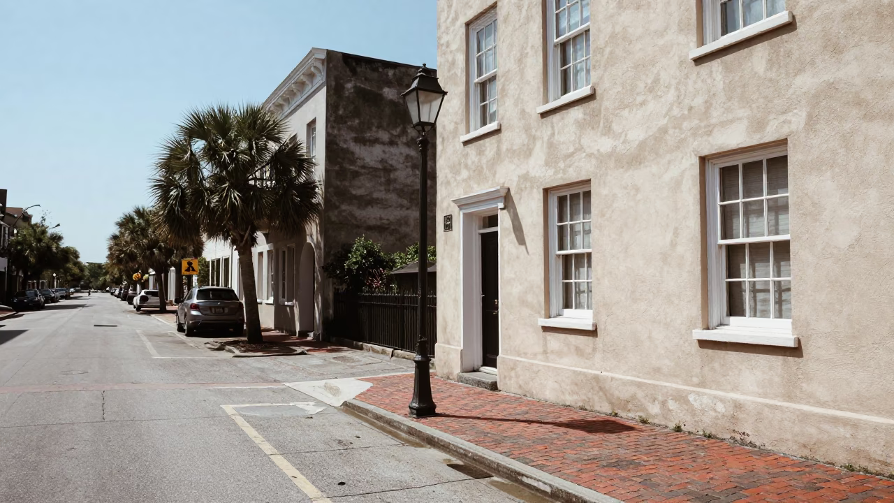 Vintage Charleston Street Scene Under Flat Noon Glare with Wicker Shadow in in Charleston, South Carolina, United States