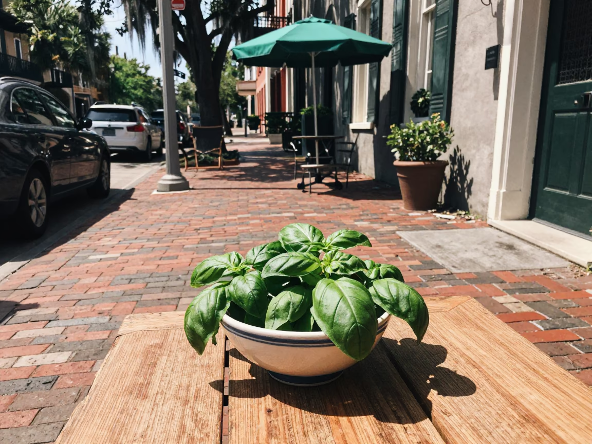 Vintage Charleston Street Scene with Basil Leaves and Umbrella Stand at Midday in in Charleston, South Carolina, United States
