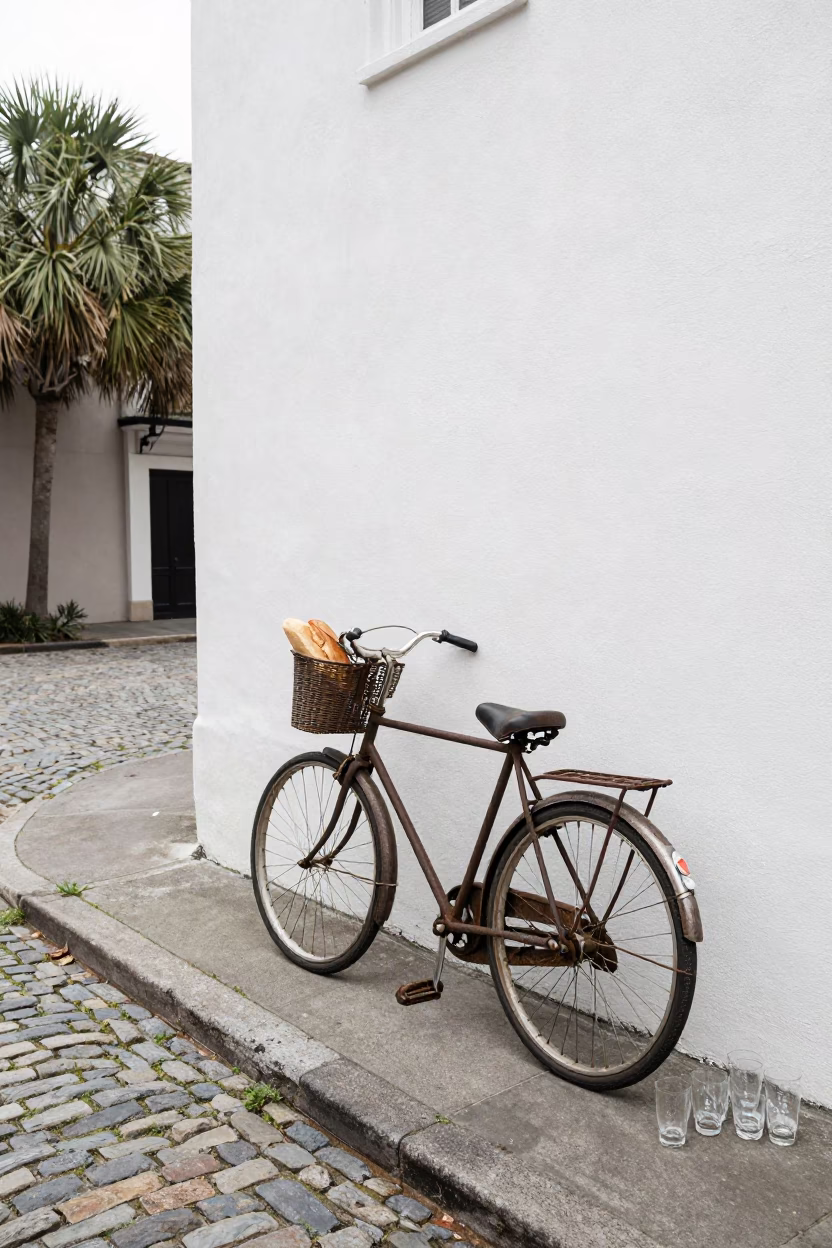 Vintage Charleston Street Scene with Bicycle and Glass Tumblers in in Charleston, South Carolina, United States