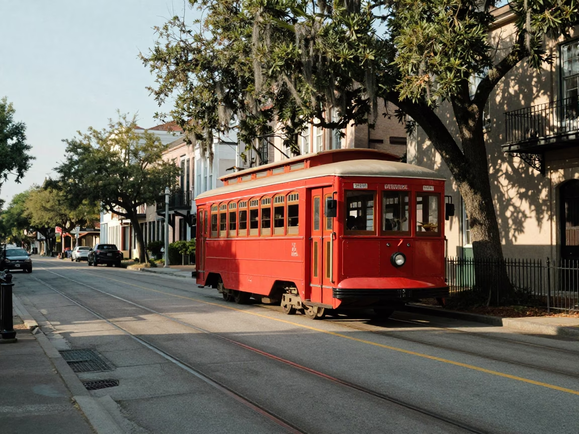 Vintage Charleston Street Scene with Old Trolley and Tree Lined Avenue in Early Afternoon in in Charleston, South Carolina, United States