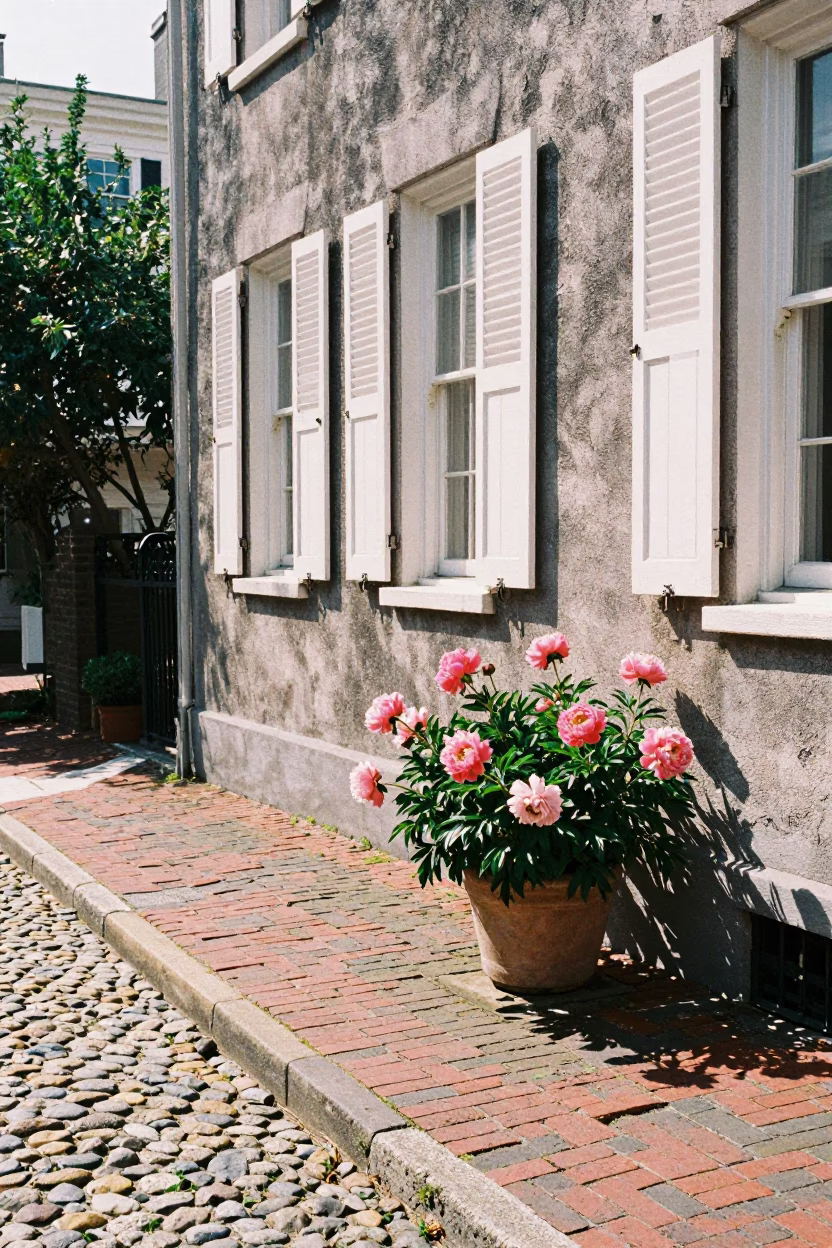 Vintage Charleston Street Scene with Pink Peonies and Historic Architecture in Bright Midmorning Light in in Charleston, South Carolina, United States