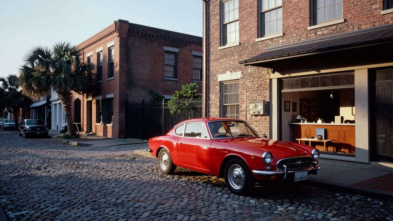 Vintage Charleston Street Scene with Red Car and Kitchen Utensils in in Charleston, South Carolina, United States