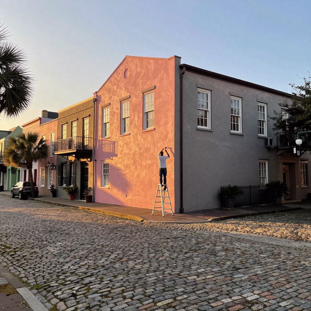 Vintage Charleston Sunset Street Scene with Step Ladder and Historic Architecture in in Charleston, South Carolina, United States