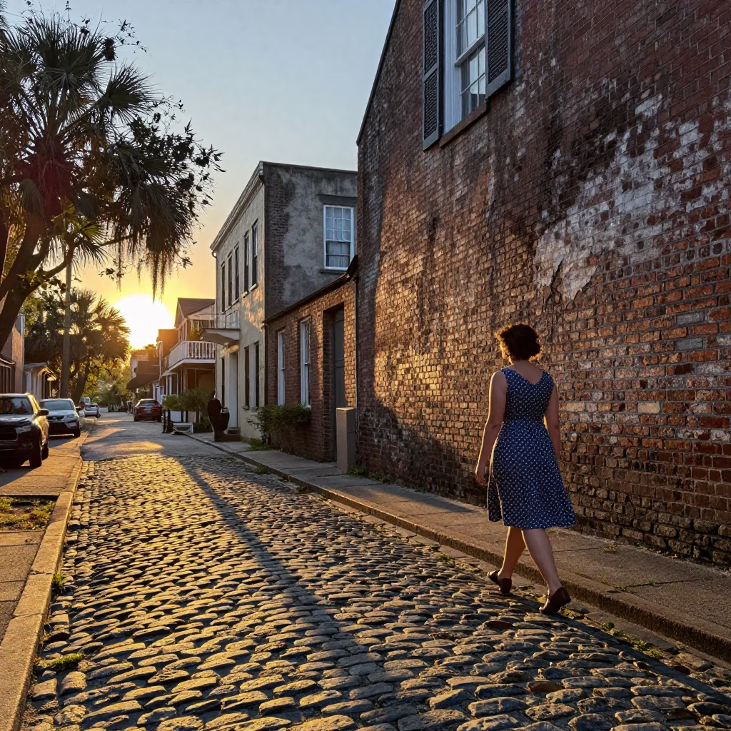 Vintage Charleston Sunset Street Scene with Wicker Shadow and Local Fashion Details in in Charleston, South Carolina, United States
