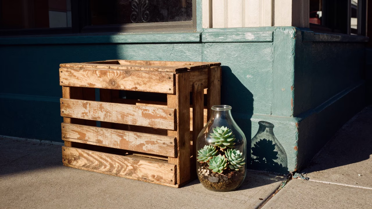 Vintage Chicago Street Corner Late Morning with Scuffed Painted Wood and Glass Terrarium Succulents in in Chicago, Illinois, United States