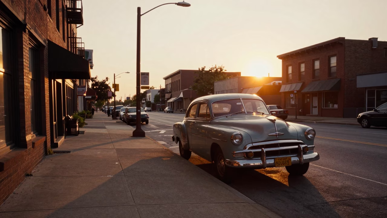 Vintage Chicago Street Scene at Sunset with Brushed Steel and Padlock Details in in Chicago, Illinois, United States