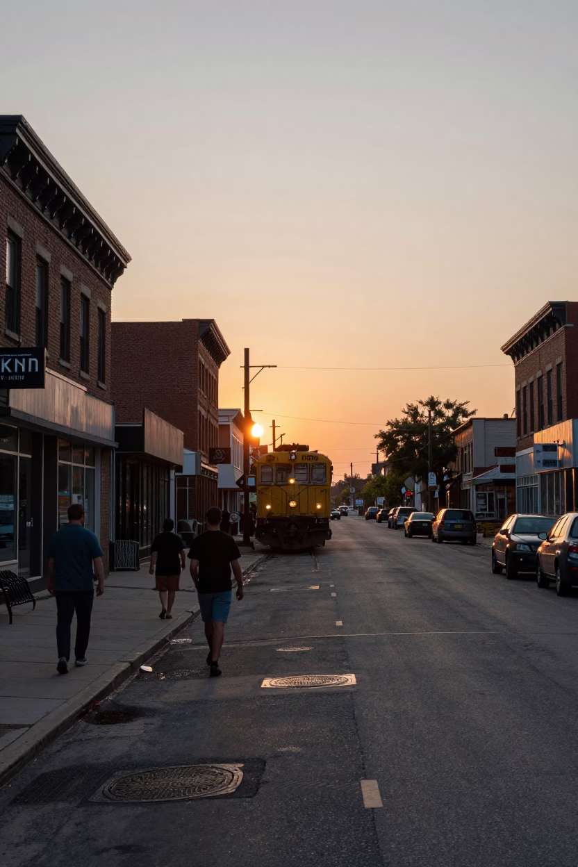 Vintage Chicago Street Scene at Sunset with Freight Train Crossing Trestle Bridge in Illinois in in Chicago, Illinois, United States