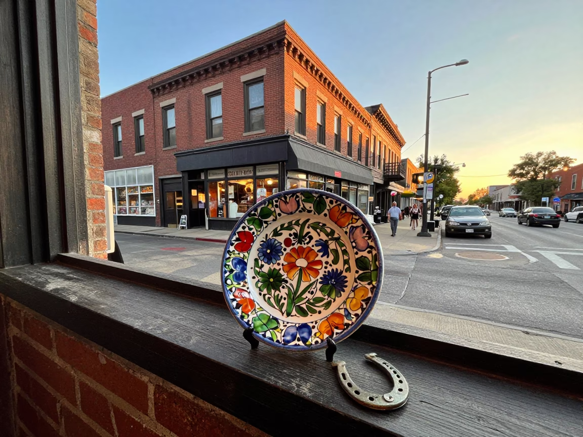 Vintage Chicago Street Scene at Sunset with Majolica Plate and Magnet in in Chicago, Illinois, United States