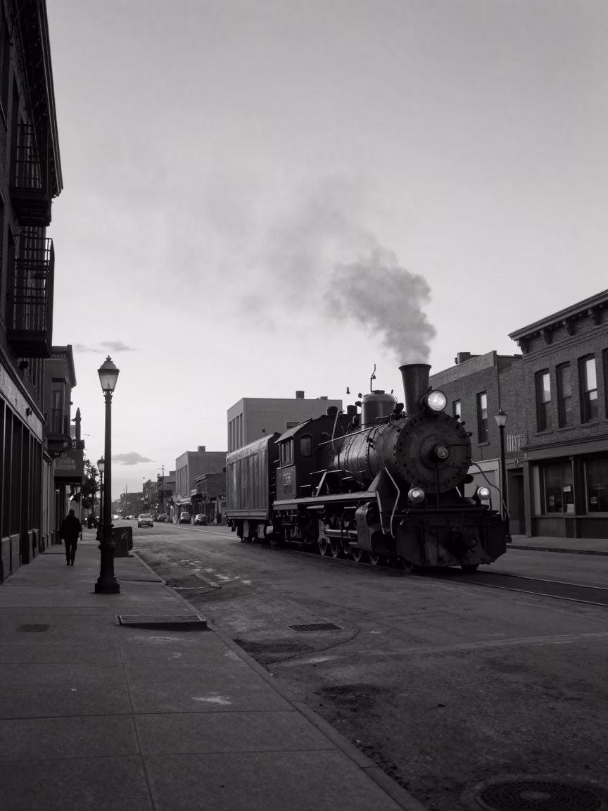 Vintage Chicago Street Scene Before Dawn with Steam Locomotive Crossing Bridge in in Chicago, Illinois, United States