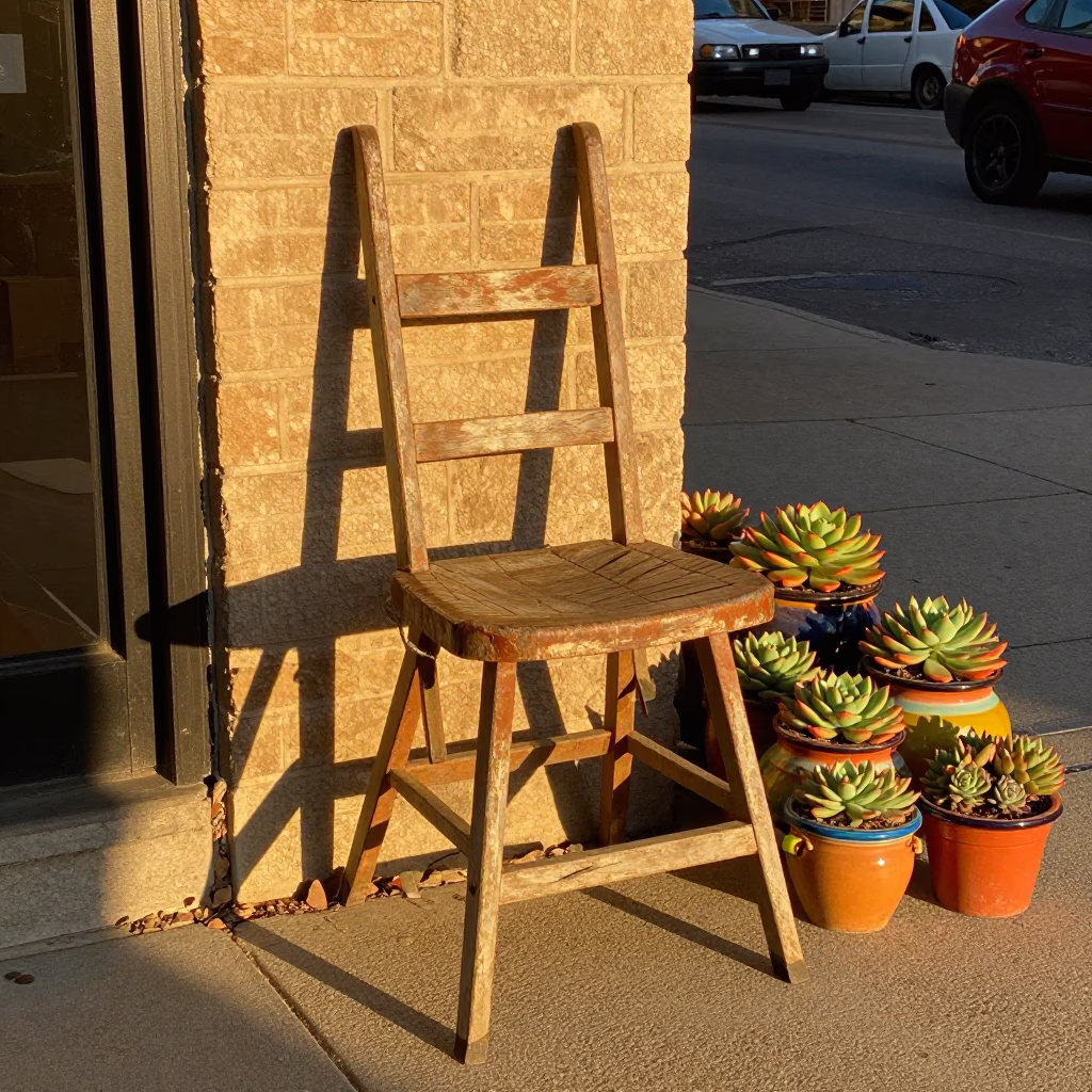 Vintage Chicago Street Scene Honeyed Evening Light Ladder Back Chair and Succulents in in Chicago, Illinois, United States