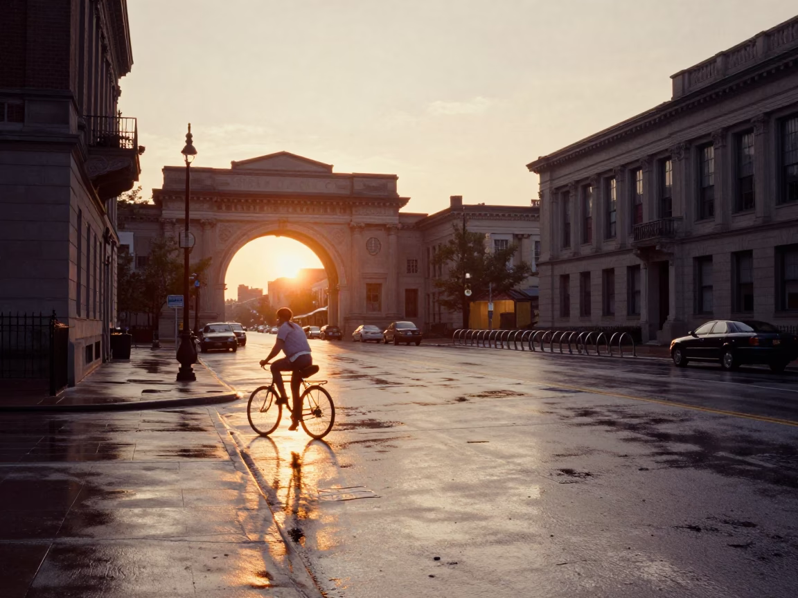 Vintage Chicago Sunset Street Scene with Cyclist and Architectural Archway in in Chicago, Illinois, United States