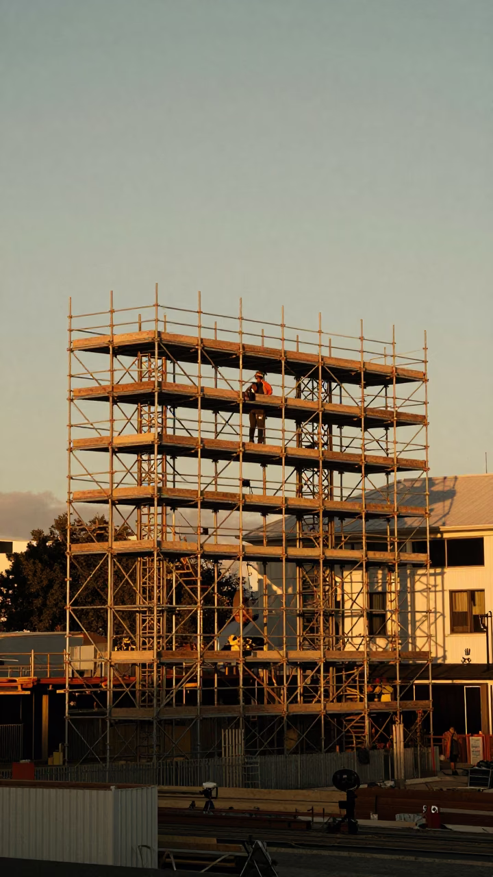 Vintage Christchurch Evening Light Over Lattice Steel Scaffolding Workers in in Christchurch, New Zealand