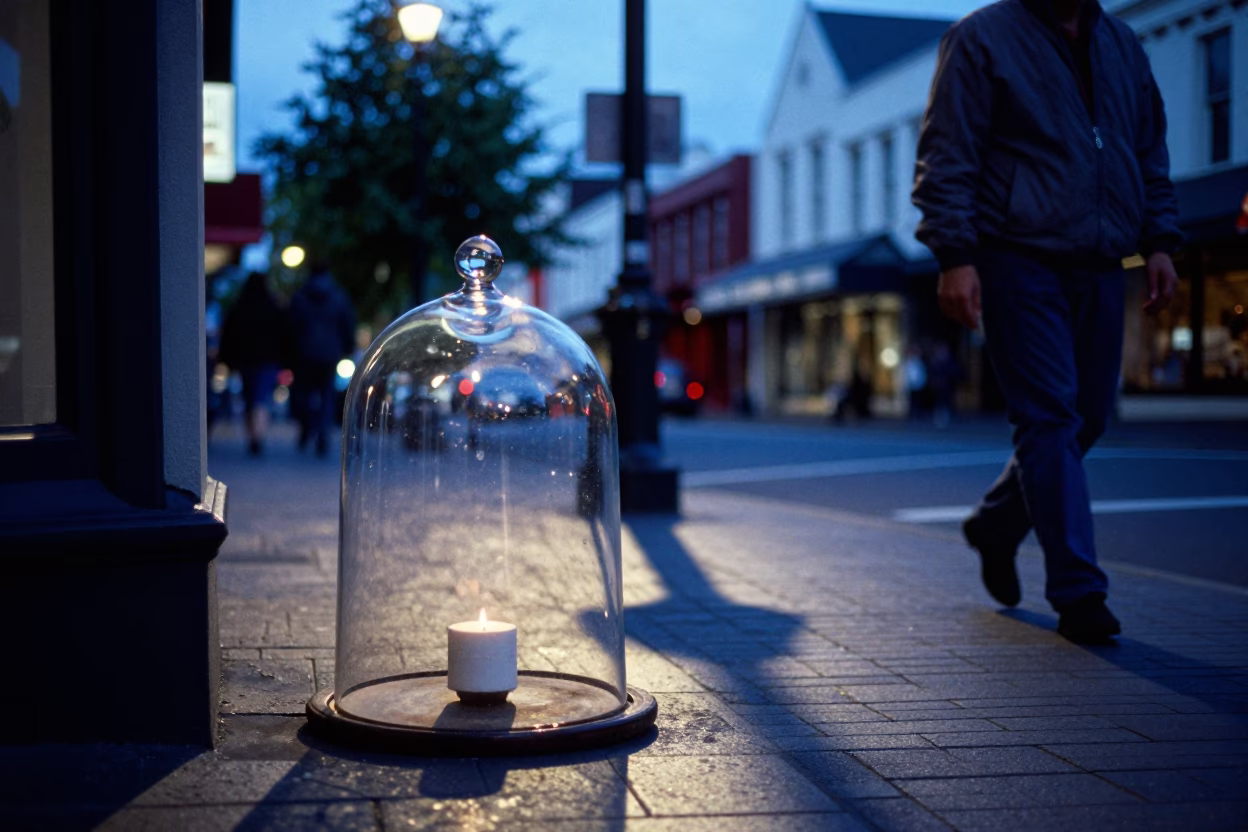 Vintage Christchurch Evening Street Scene with Glass Cloche and Decanter in in Christchurch, New Zealand