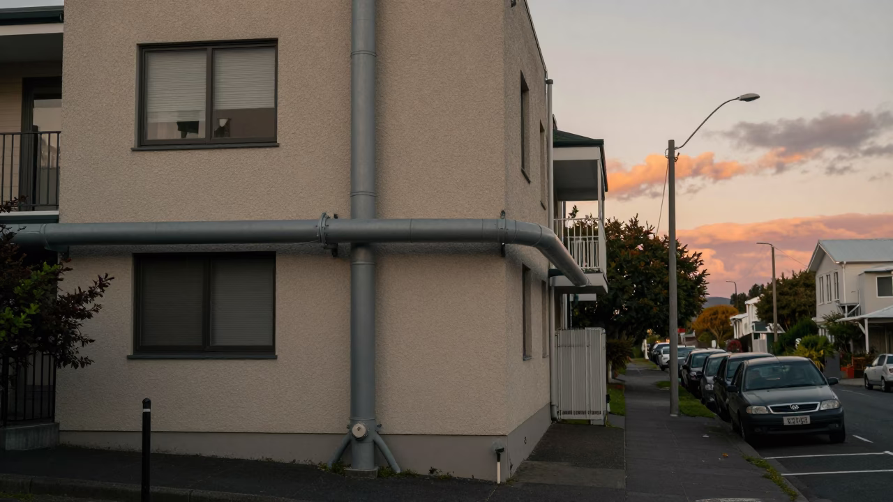 Vintage Christchurch Evening Street Scene with Residential Pipes and Dusk Light in in Christchurch, New Zealand