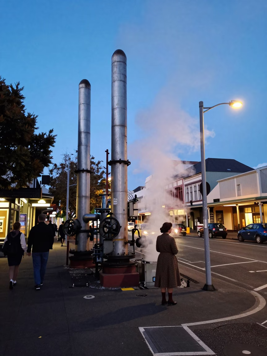 Vintage Christchurch Evening Street Scene with Steam Pipes and Autumn Leaves in in Christchurch, New Zealand