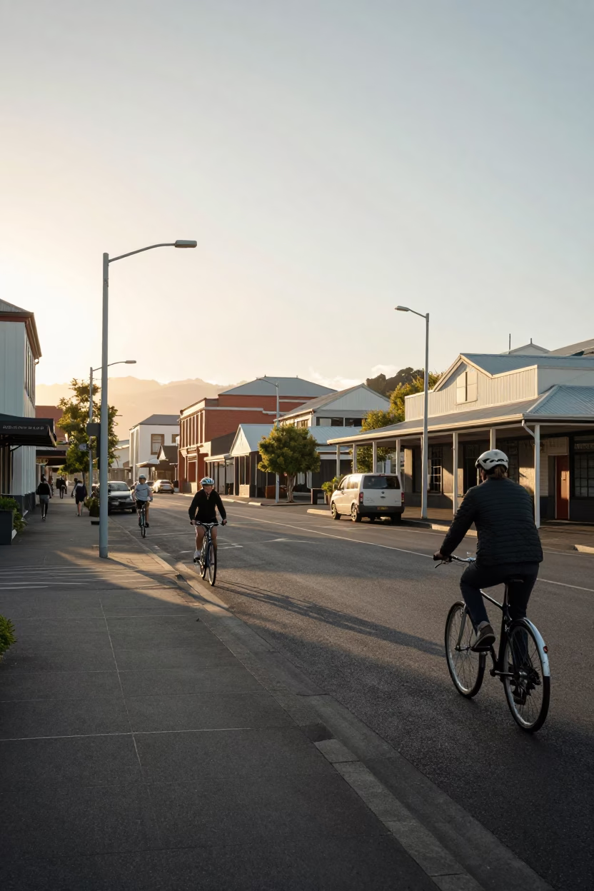 Vintage Christchurch New Zealand Dawn Street Scene with Cyclists and Factory Whistle Tower in in Christchurch, New Zealand