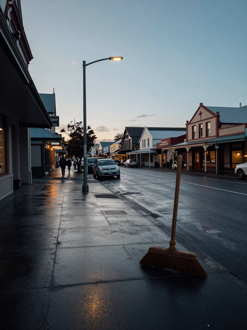 Vintage Christchurch New Zealand Street Scene Before Sunrise with Broom and Kayak in in Christchurch, New Zealand