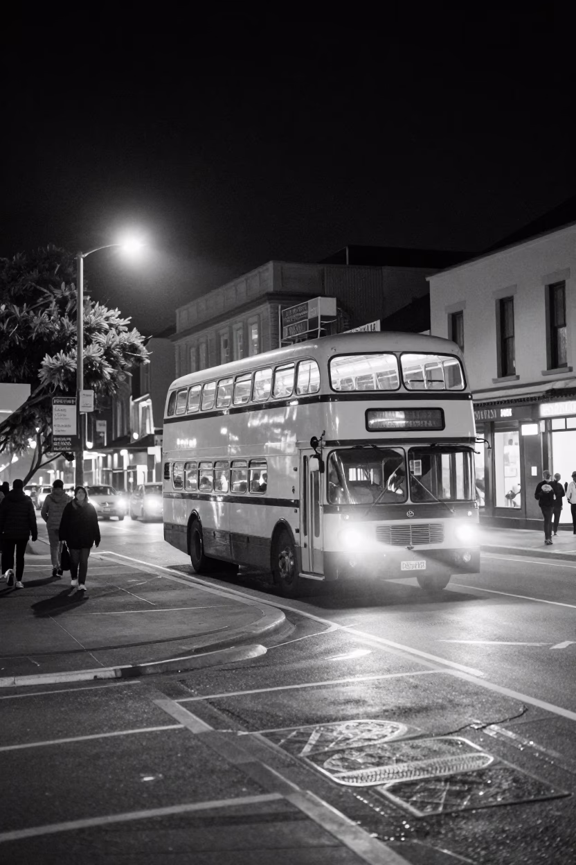 Vintage Christchurch Night Scene with Classic Bus and Local Street Life in in Christchurch, New Zealand