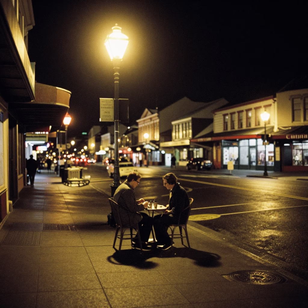 Vintage Christchurch Night Street Scene with Shoe Shine and Local Interaction in in Christchurch, New Zealand