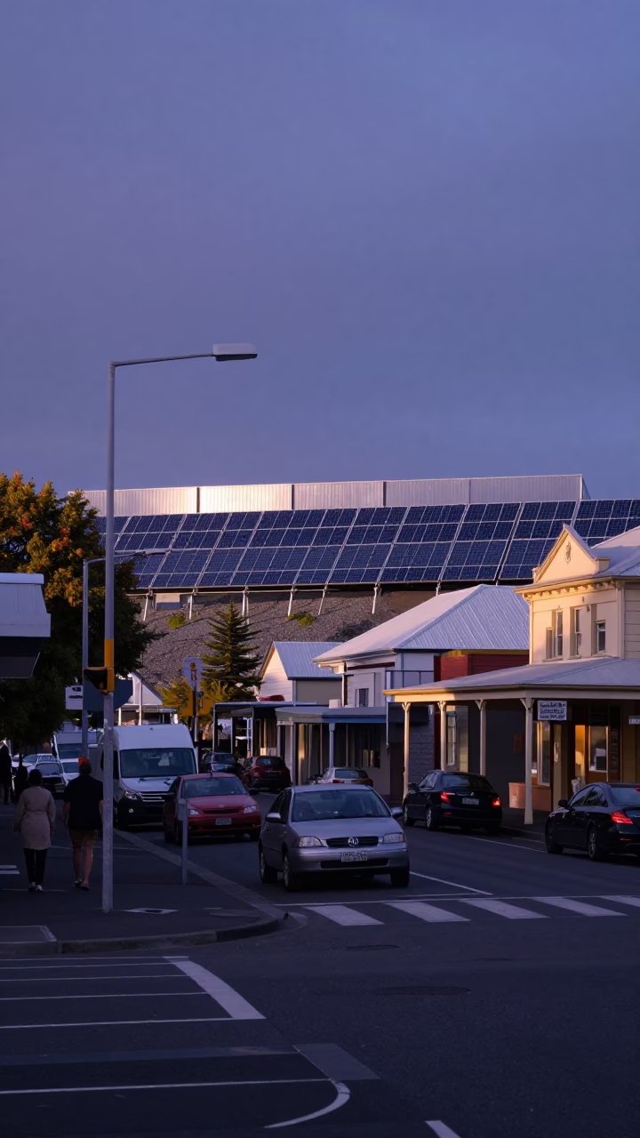 Vintage Christchurch NZ Street Scene Before Sunrise with Solar Array and Primroses in in Christchurch, New Zealand