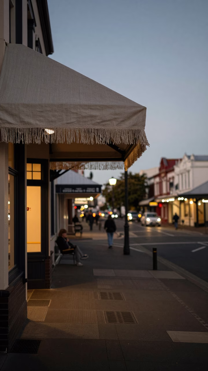Vintage Christchurch Street Scene at Dusk with Linen Fringe Doorframe and Local Atmosphere in in Christchurch, New Zealand