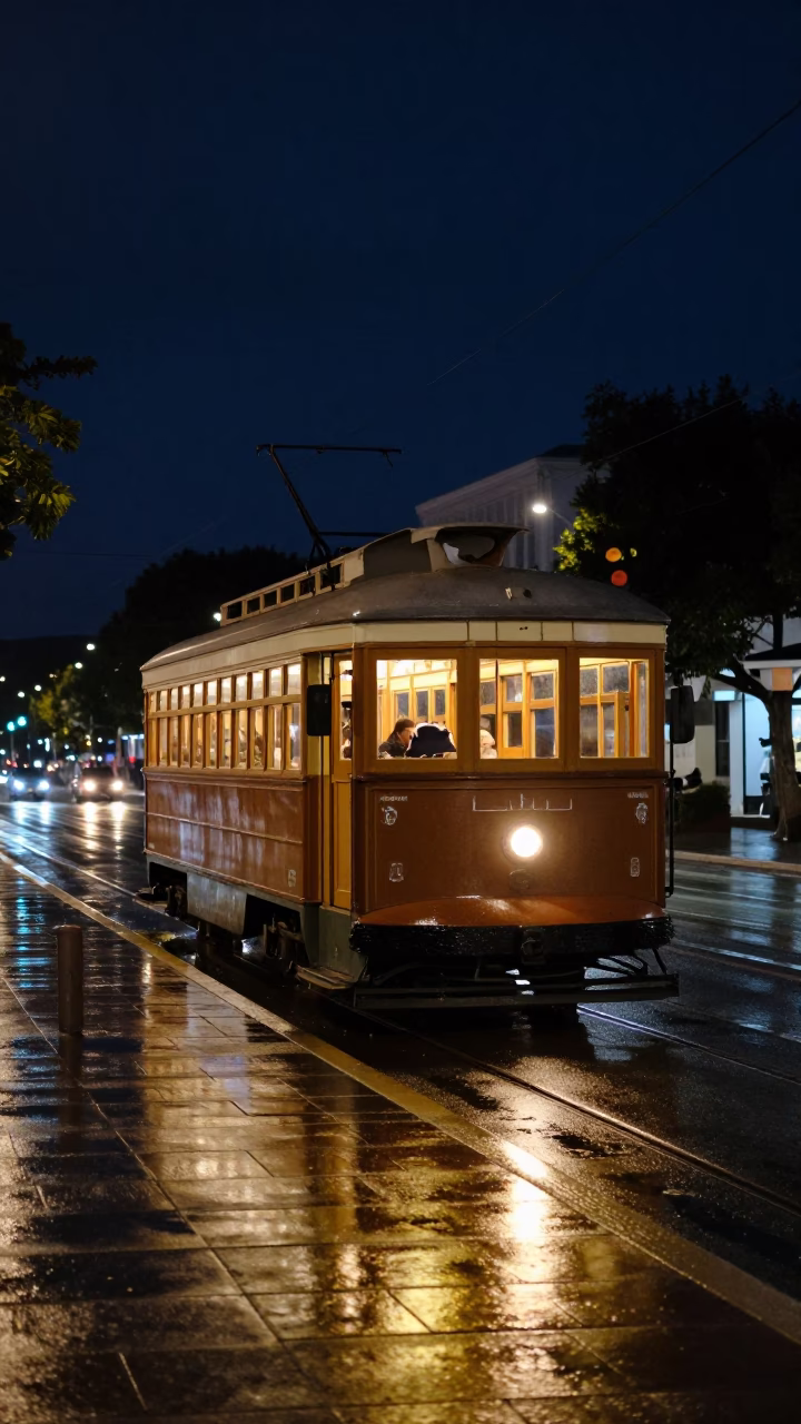 Vintage Christchurch Street Scene at Night with Heritage Tram and Rain in in Christchurch, New Zealand
