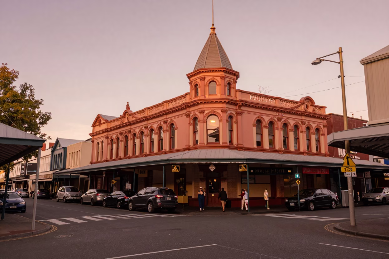 Vintage Christchurch Street Scene Before Dusk With Brass Accents And Terracotta Pots in in Christchurch, New Zealand
