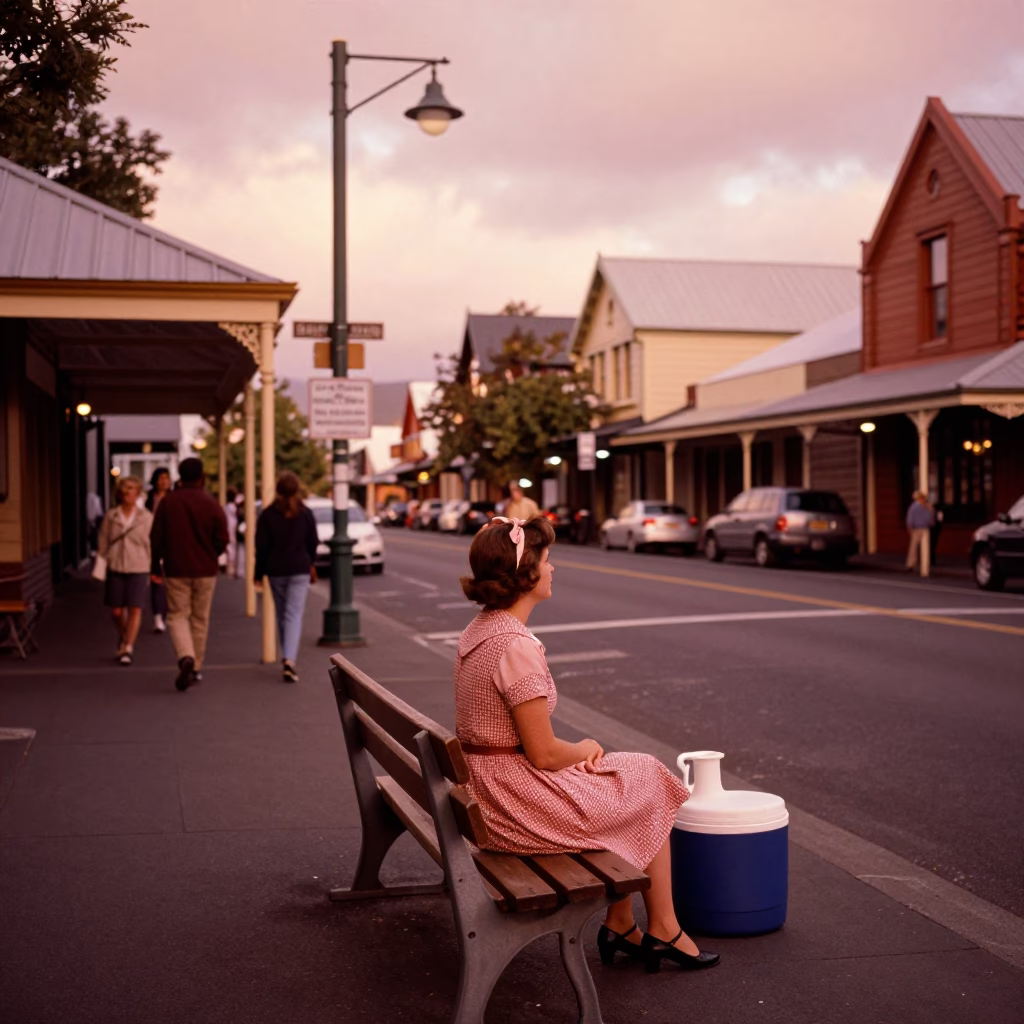 Vintage Christchurch Street Scene Before Dusk with Cooler Jug and Glass Jar in in Christchurch, New Zealand