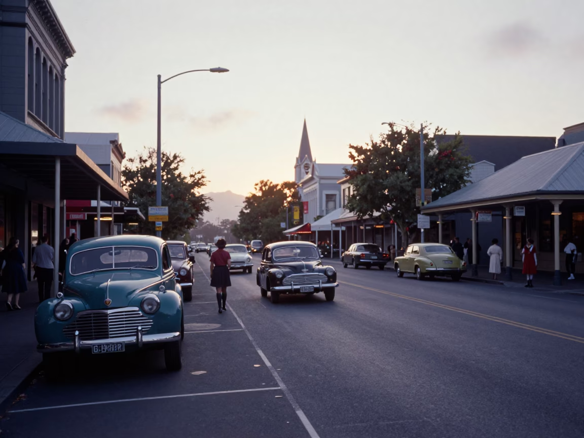 Vintage Christchurch Street Scene Before Sunrise with Classic Vehicles and Morning Light in in Christchurch, New Zealand