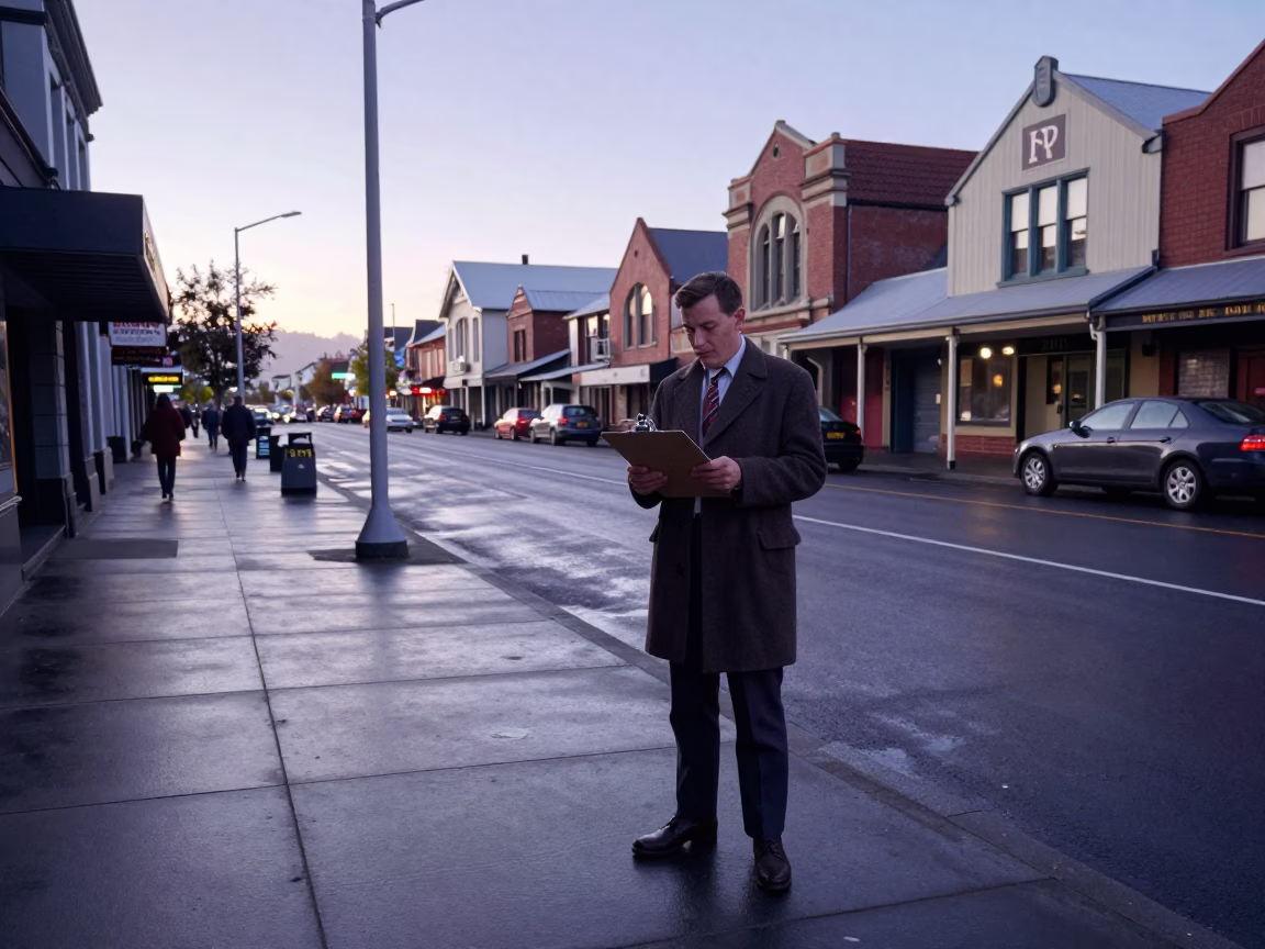 Vintage Christchurch Street Scene Before Sunrise With Clipboard And Door Mats in in Christchurch, New Zealand