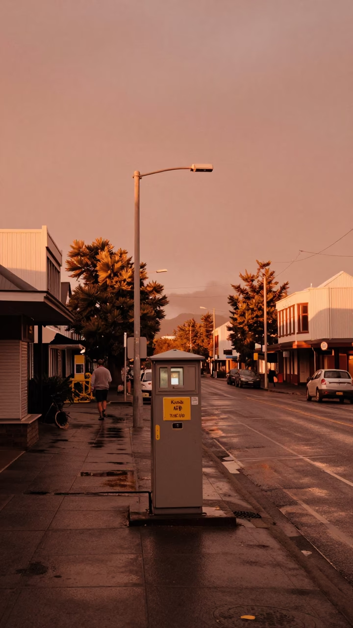 Vintage Christchurch Street Scene in Copper Toned Dusk Light with Substation Road and Drain in in Christchurch, New Zealand