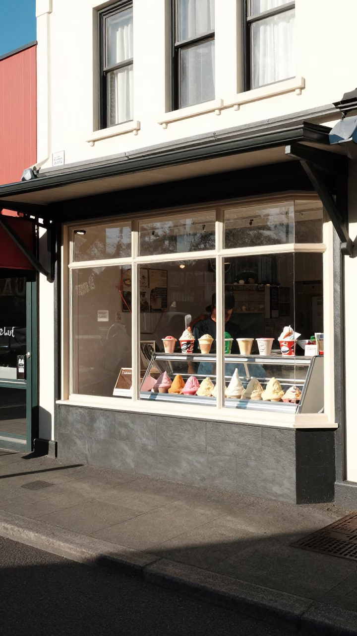 Vintage Christchurch Street Scene Late Morning with Gelato Display and Railway Viaduct Background in in Christchurch, New Zealand