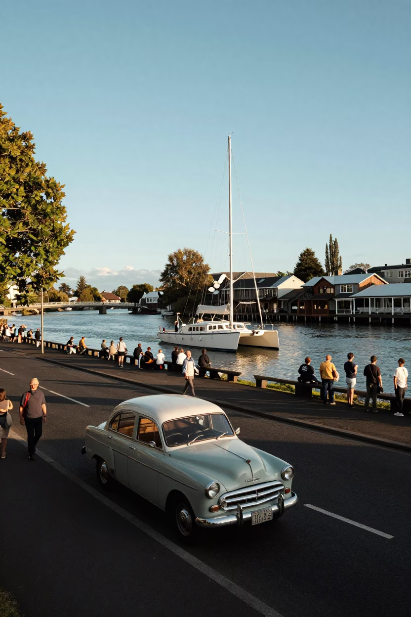 Vintage Christchurch Street Scene with Catamaran on Avon River in Late Afternoon Light in in Christchurch, New Zealand