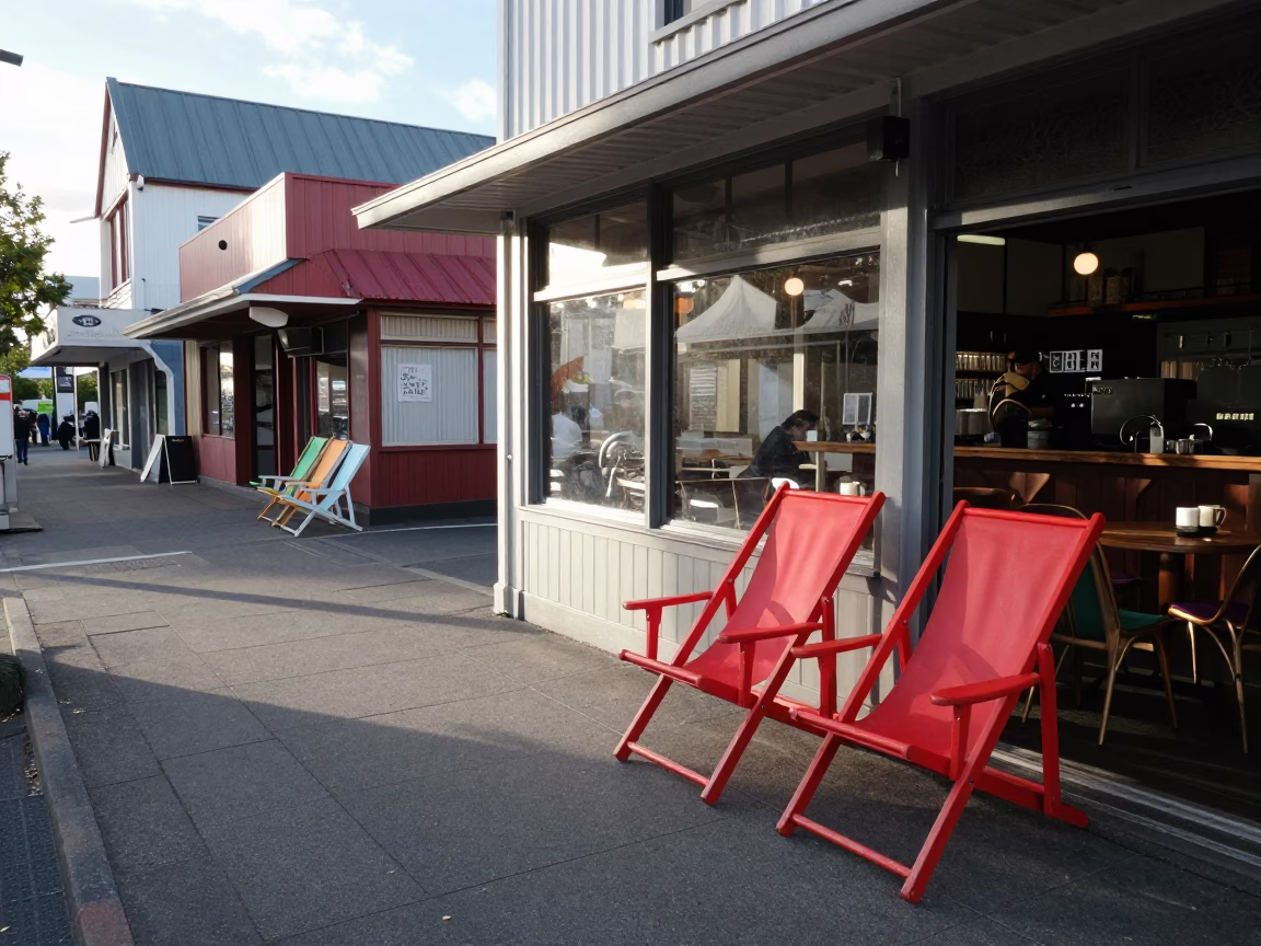 Vintage Christchurch Street Scene with Colorful Deck Chairs and Morning Light in in Christchurch, New Zealand