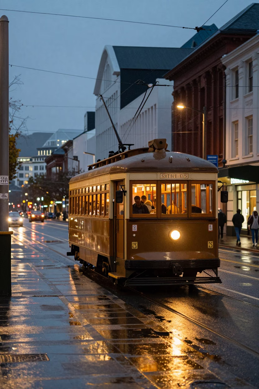 Vintage Christchurch Street Scene with Heritage Tram and City Lights at Dusk in in Christchurch, New Zealand