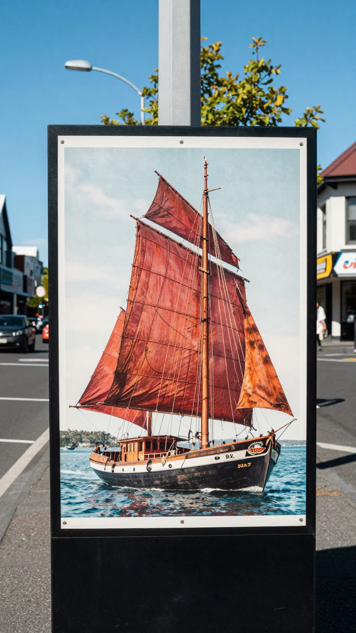 Vintage Christchurch Street Scene with Junk Boat Poster and Local Pedestrians Under Noon Sun in in Christchurch, New Zealand