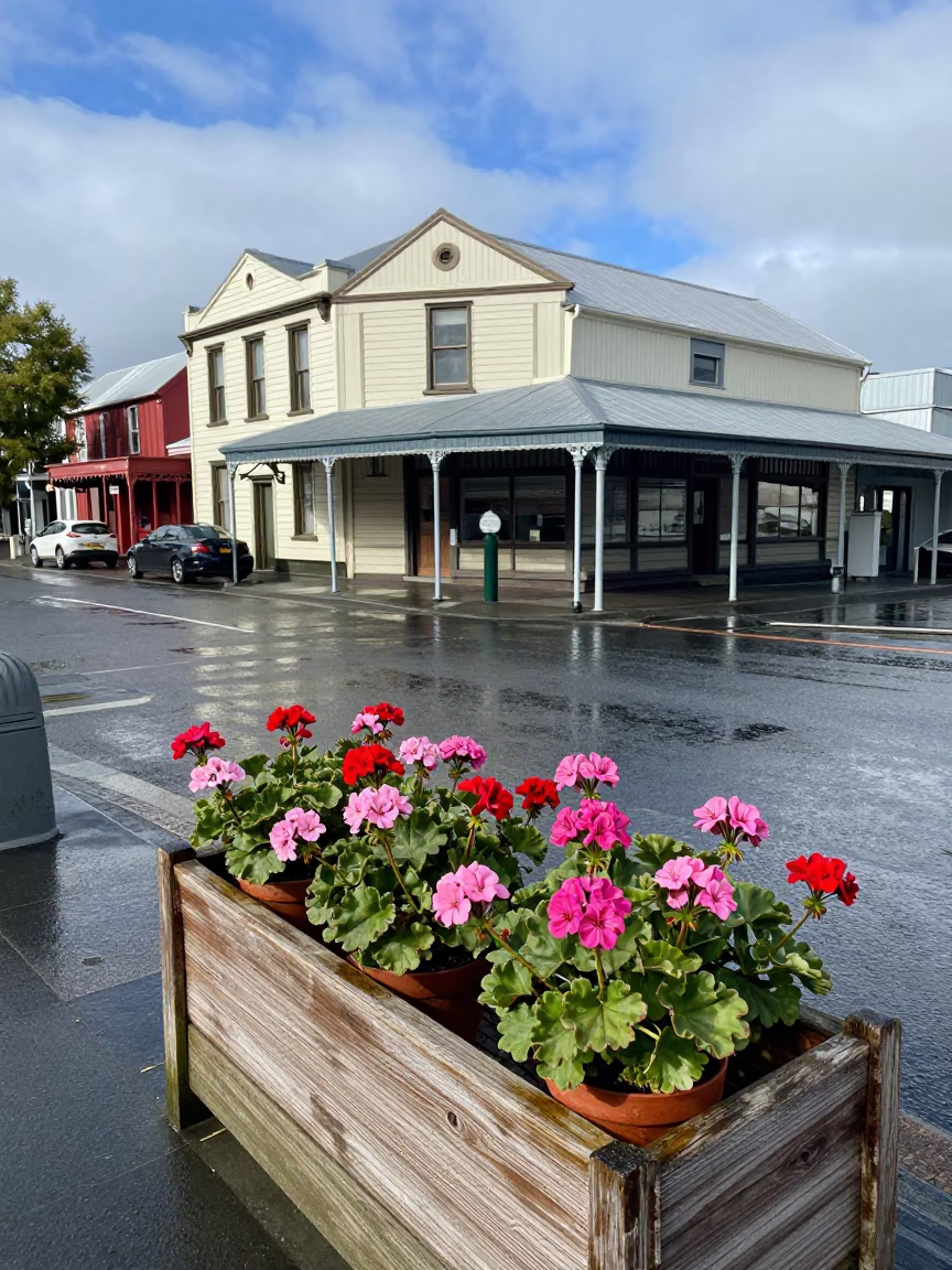 Vintage Christchurch Street Scene with Potted Geraniums and Rain-Soaked Peonies in in Christchurch, New Zealand