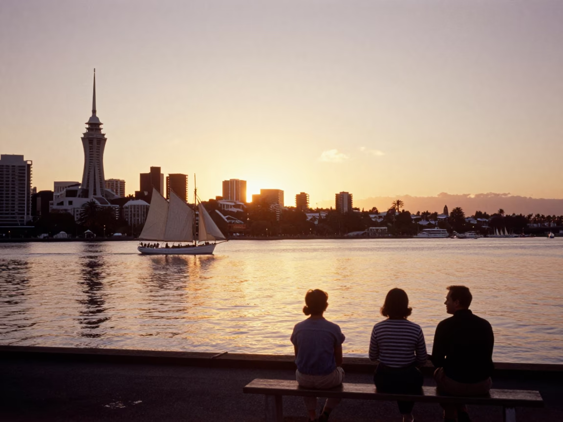 Vintage Christchurch Sunset Scene with Sailing Boat and Urban Landscape in in Christchurch, New Zealand