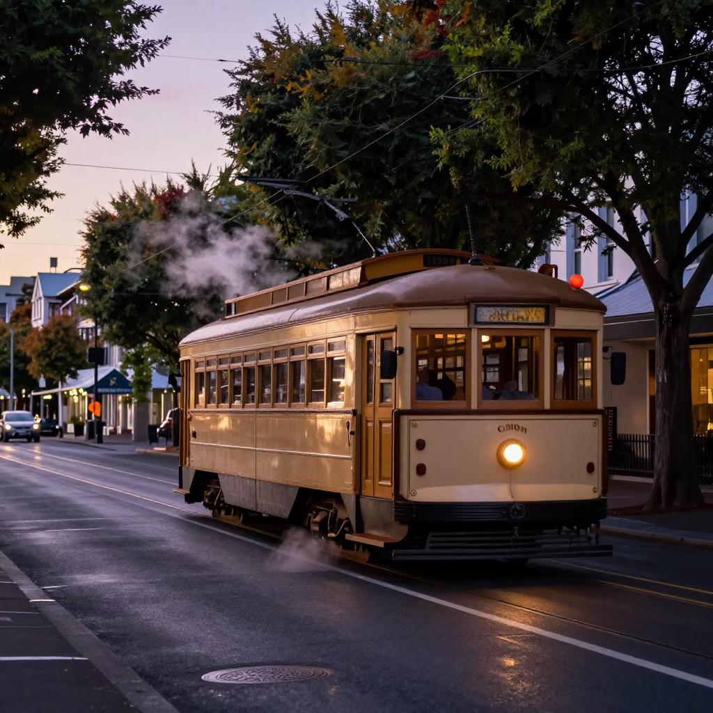 Vintage Christchurch Tramcar on Tree-Lined Boulevard at Nautical Dawn in in Christchurch, New Zealand