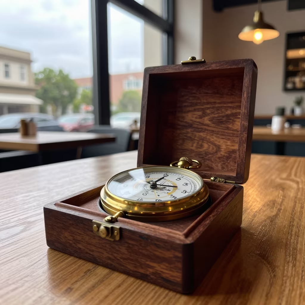 Vintage Chronometer in Mahogany Box on Cafe Table in on a cafe table by a window in Astana