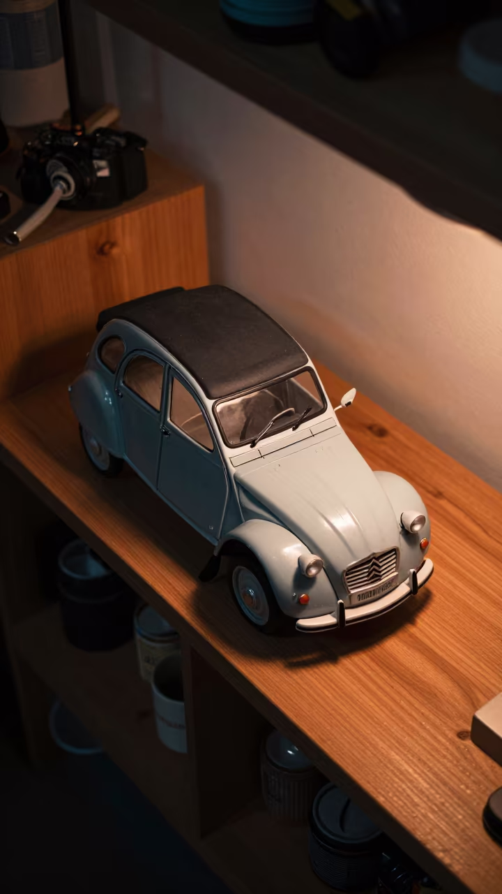 Vintage Citroen 2CV Model on Workshop Shelf in on a workshop shelf near Haizhu, Guangzhou