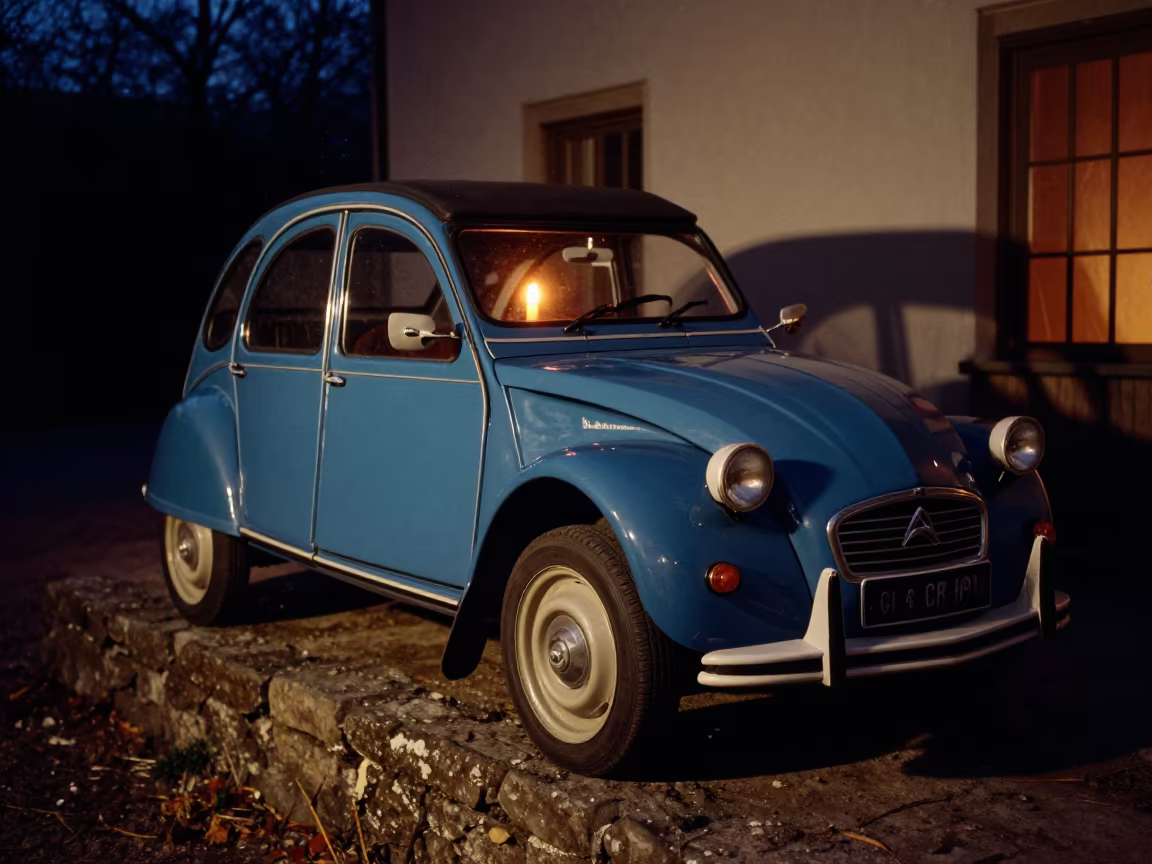 Vintage Citroen 2CV on Stone Ledge Winter Night in on a stone ledge in Chelyabinsk