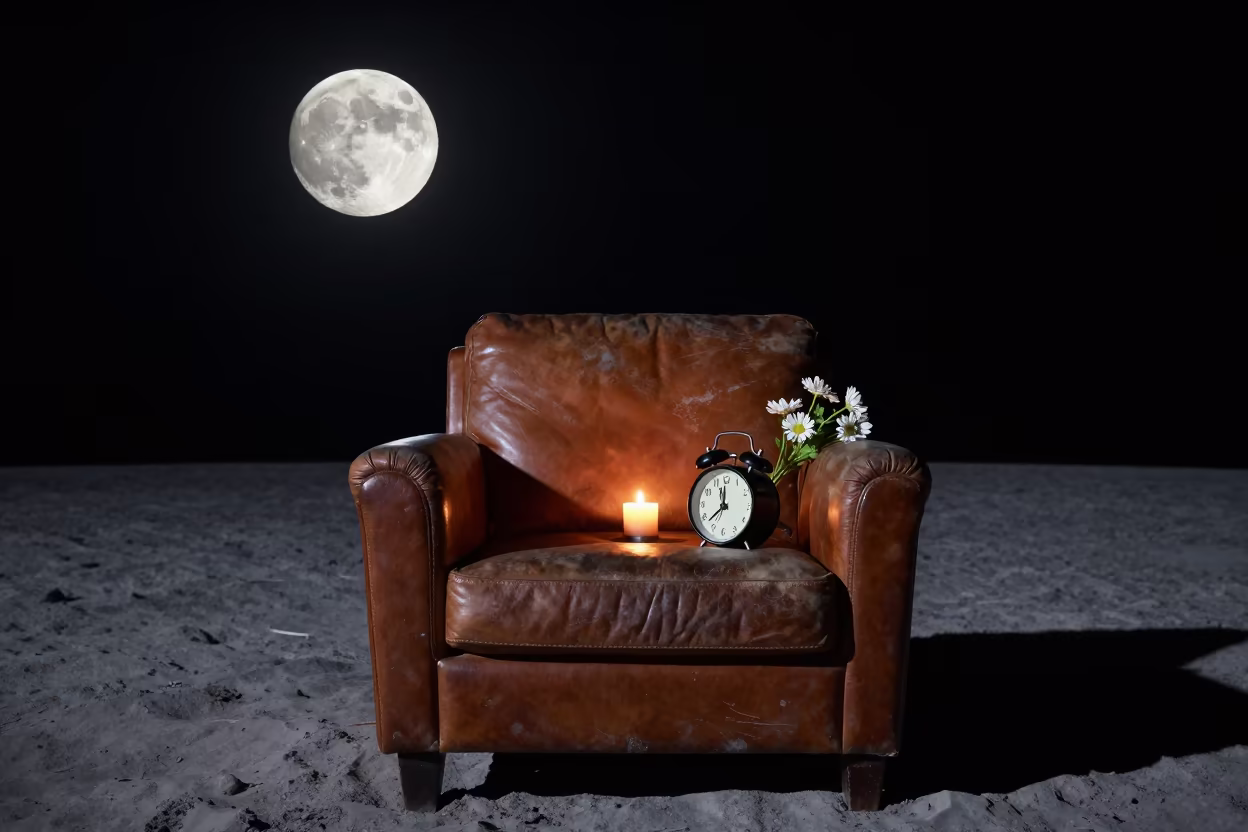 Vintage Clock and Flowers on Moon Nightstand in on a worn leather armchair in Bandung