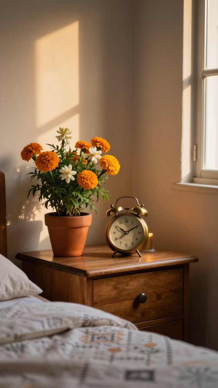 Vintage Clock and Fresh Flowers in Bangalore Bedroom in in a candlelit bedroom near Bangalore