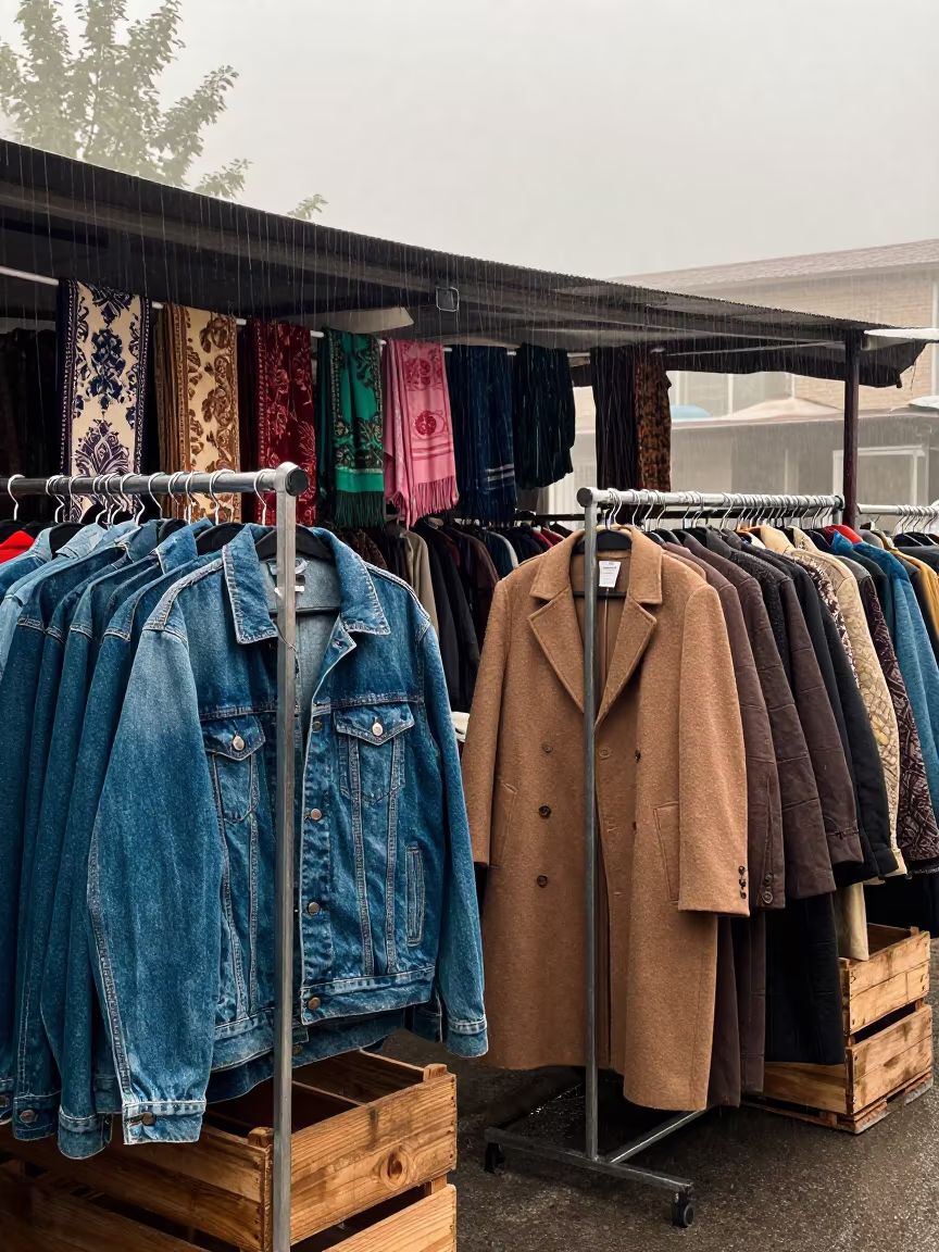 Vintage Clothing Racks at Konya Sunday Market in at a textile trader's stall in Konya